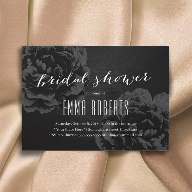 Invitación Elegante ducha de novia floral negra (Subido por el creador)