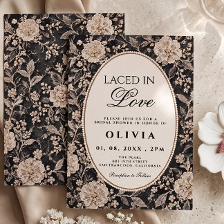 Invitación Elegante ducha de novia floral negra entrelazada e