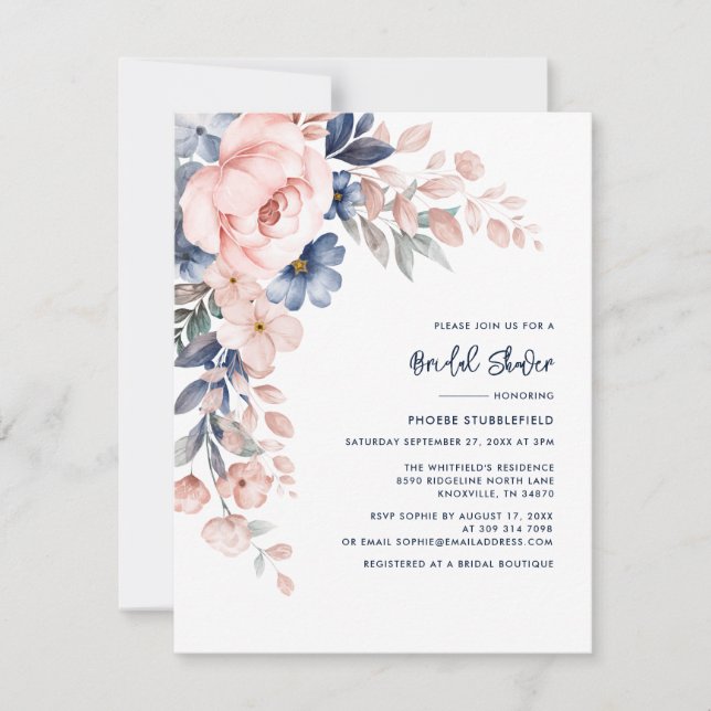 Invitación Elegante ducha de novia floral rosa (Anverso)