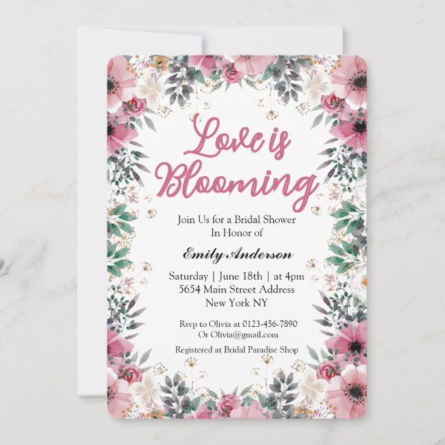 Invitación Elegante ducha de novia floral rosa (Anverso)