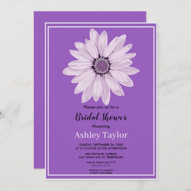 Invitación Elegante ducha de novia floral rosa blanca morada (Anverso / Reverso)