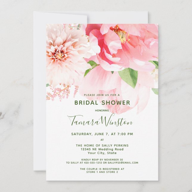 Invitación Elegante ducha de novia floral rosa Rubor (Anverso)