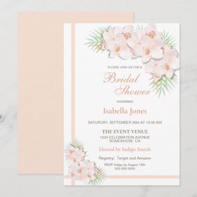 Invitación Elegante ducha de novia floral rosa Rubor (Anverso / Reverso)