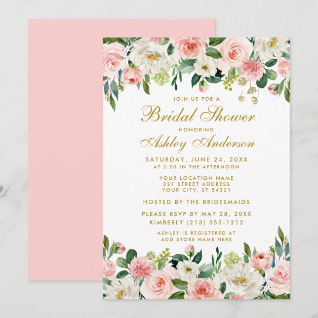 Invitación Elegante ducha de novia floral rosa Rubor (Anverso / Reverso)