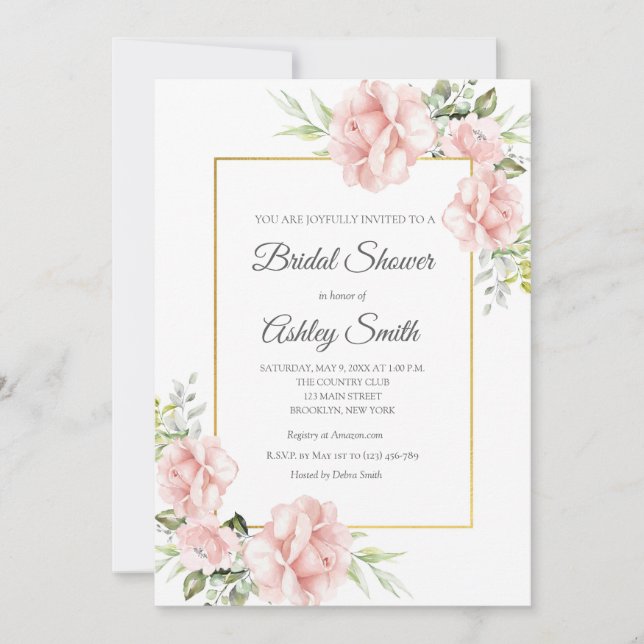 Invitación Elegante ducha de novia floral rosa Rubor (Anverso)