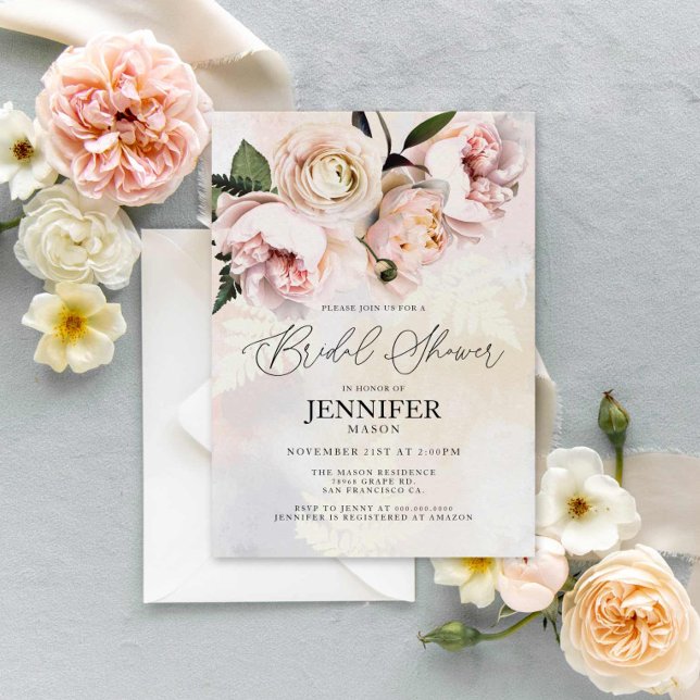 Invitación Elegante ducha de novia floral rosa Rubor (Blush Floral Bridal Shower Invitation)