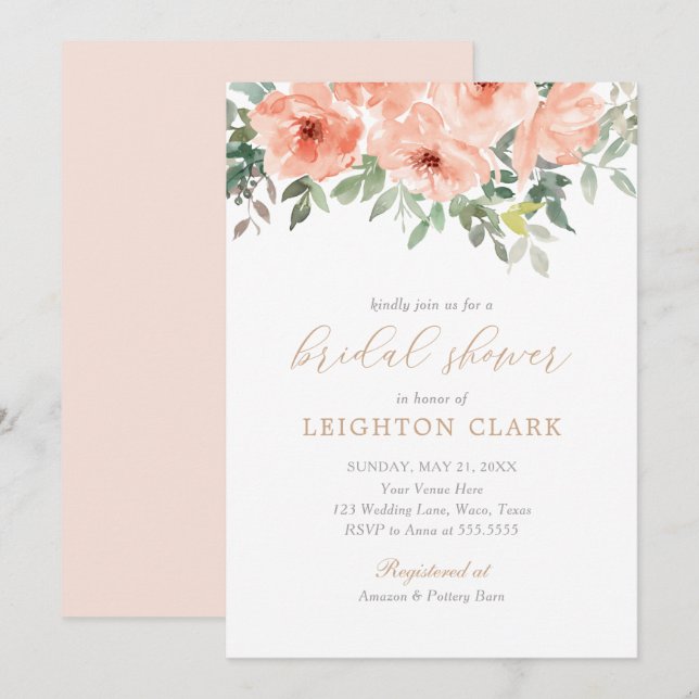 Invitación Elegante ducha de novia floral rosa Rubor (Anverso / Reverso)