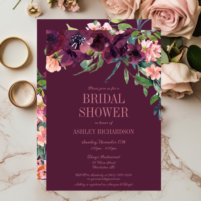 Invitación Elegante ducha de novia floral rosa Rubor Borgoña  (Burgundy Blush Floral Fall Bridal Shower Invitation)