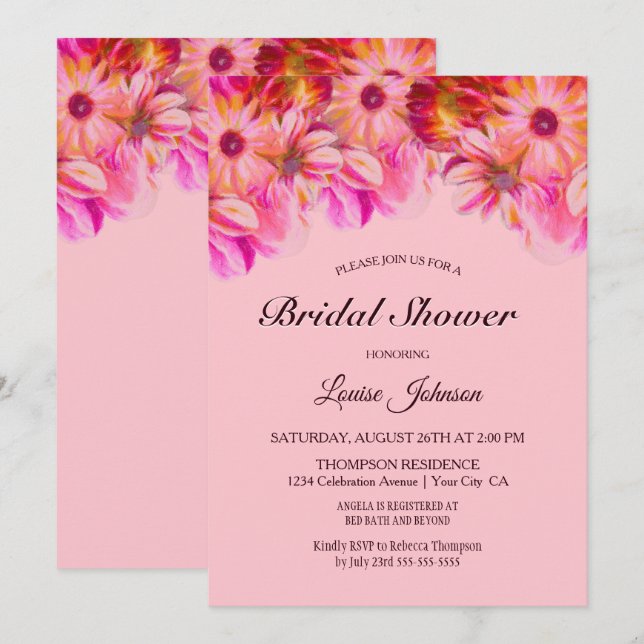 Invitación Elegante ducha de novia floral rosa y amarilla (Anverso / Reverso)