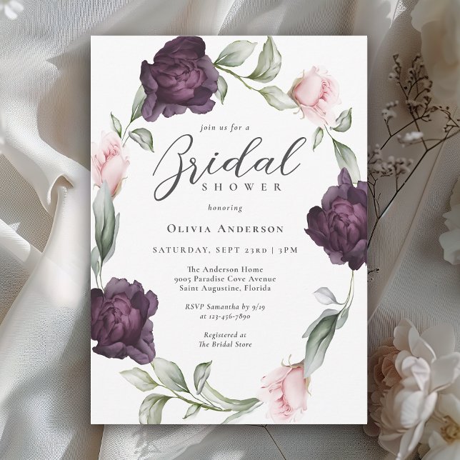 Invitación Elegante ducha de novia floral rosa y borgoñona (Available in both printed and instant download digital formats.)