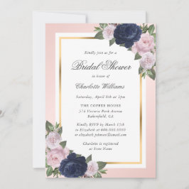 Invitación Elegante ducha de novia floral Rubor Blue Gold de 
