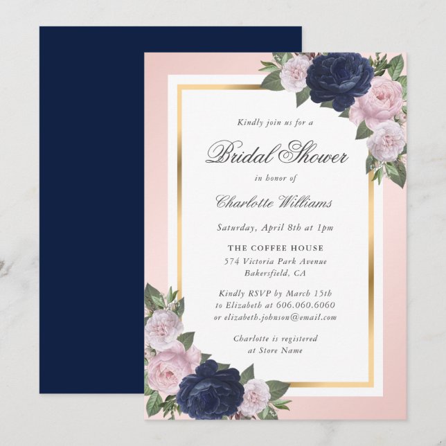 Invitación Elegante ducha de novia floral Rubor Blue Gold de  (Anverso / Reverso)