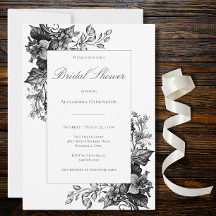 Invitación Elegante ducha de novia floral Toile de negro y bl