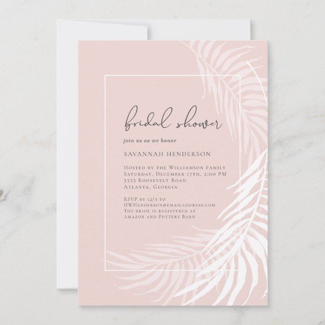 Invitación Elegante ducha de novia floral tropical rosa Rubor (Anverso)