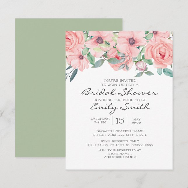 Invitación Elegante ducha de novia floral verde rosada Rubor  (Anverso / Reverso)