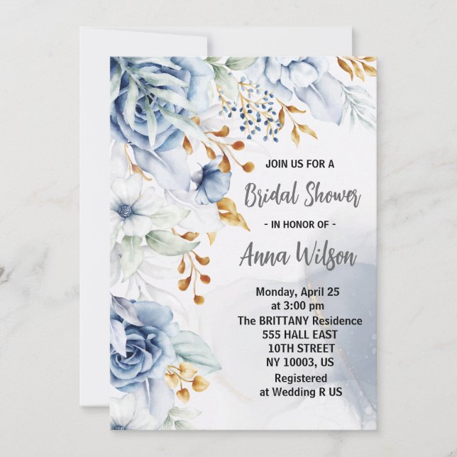 Invitación elegante ducha de novia florida azul y dorado (Anverso)