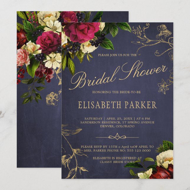 Invitación Elegante ducha de novia florida de invierno con fl (Anverso / Reverso)