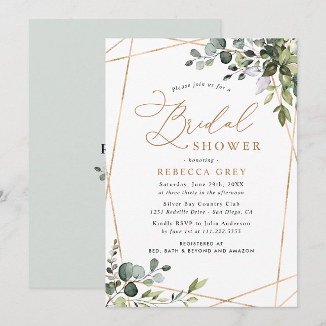 Invitación Elegante ducha de novia geométrica de oro (Anverso / Reverso)