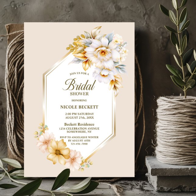 Invitación Elegante ducha de novia geométrica floral de oro b (Subido por el creador)