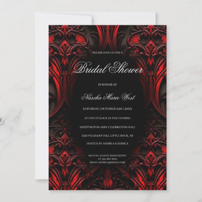 Invitación Elegante ducha de novia gótica, roja y negra (Anverso)