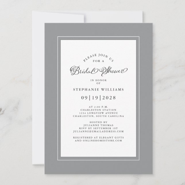 Invitación Elegante ducha de novia gris y Boda blanco (Anverso)