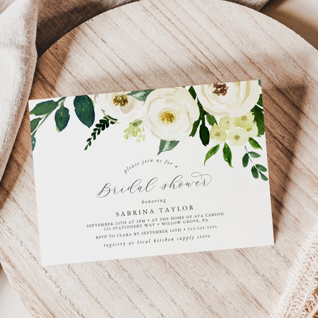 Invitación Elegante ducha de novia horizontal floral blanca (Subido por el creador)