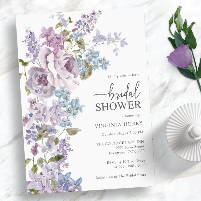 Invitación Elegante Ducha de Novia Lila (Elegant Watercolor Purple and Blue Roses and Lilac Bridal Shower Invitation)