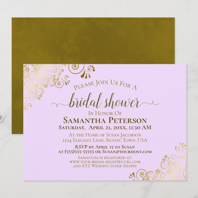 Invitación Elegante ducha de novia Lilac Purple & Gold Lace (Anverso / Reverso)