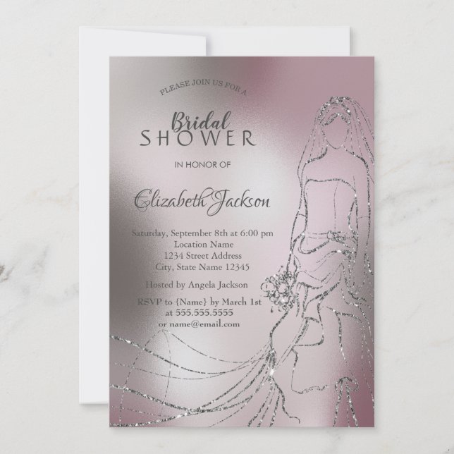 Invitación Elegante ducha de novia metálica de novia de plata (Anverso)