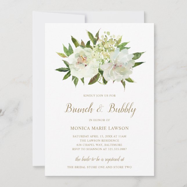 Invitación Elegante ducha de novia moderna con flores blancas (Anverso)
