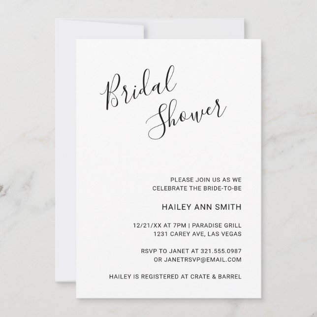 Invitación Elegante ducha de novia moderna en blanco y negro (Anverso)