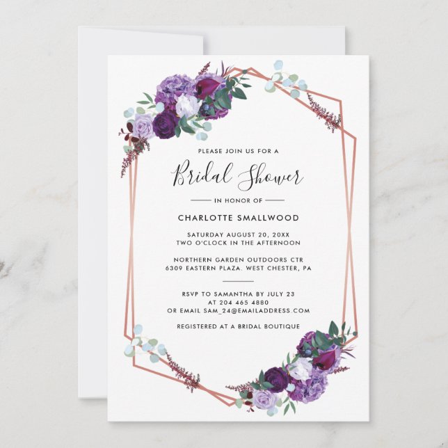 Invitación Elegante ducha de novia morada (Anverso)