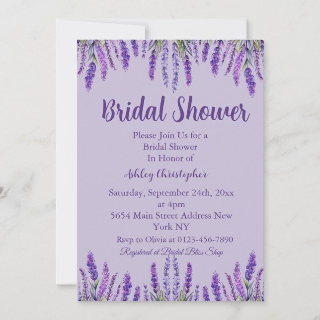 Invitación Elegante ducha de novia morada de lavanda (Anverso)