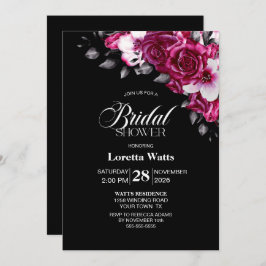 Invitación Elegante ducha de novia negra con flores rosadas