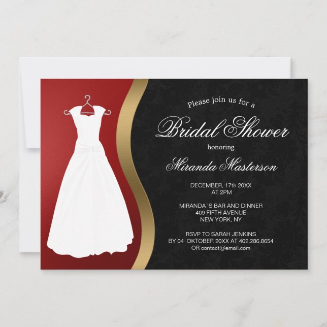 Invitación Elegante ducha de novia negra de oro rojo (Anverso)
