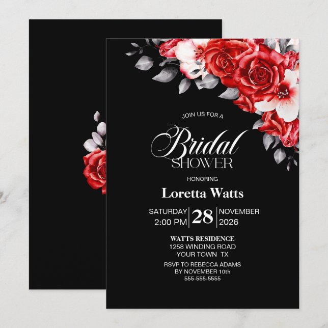 Invitación Elegante ducha de novia negra floral roja (Anverso / Reverso)