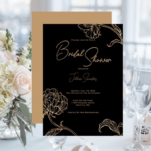 Invitación Elegante ducha de novia negra y dorada (Subido por el creador)