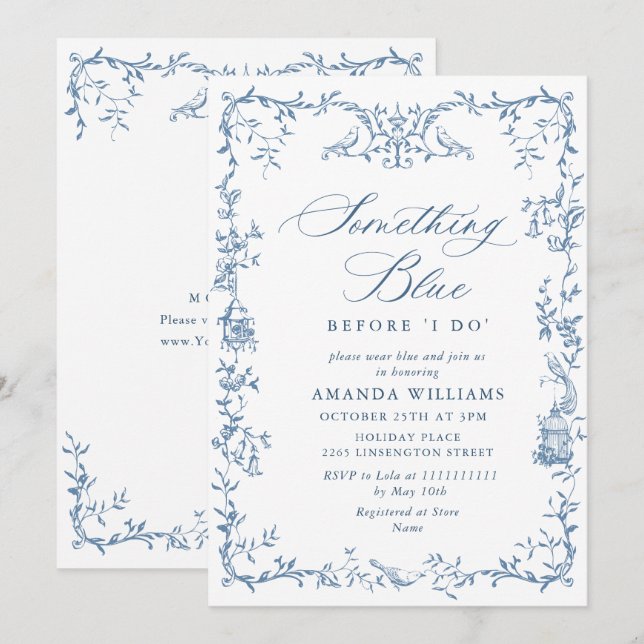Invitación Elegante ducha de novia ornada azul victoriana (Anverso / Reverso)