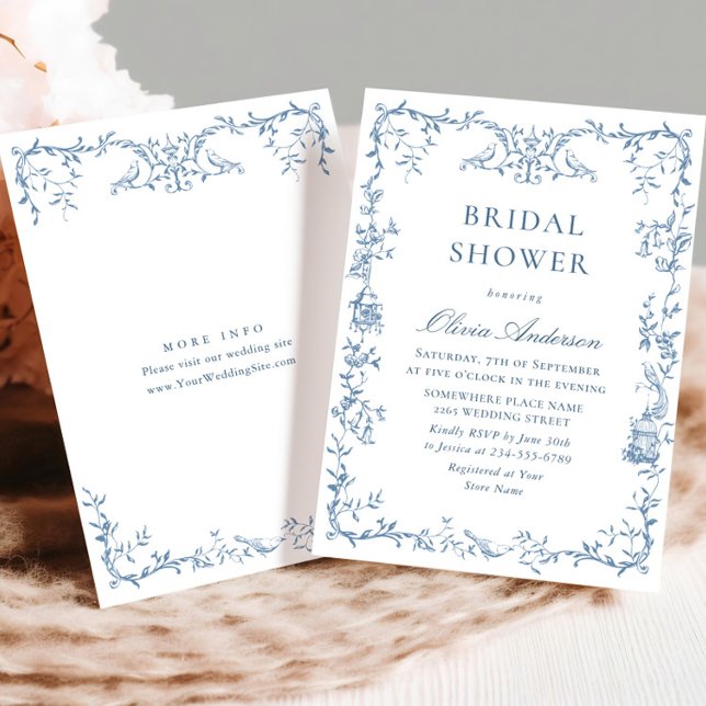 Invitación Elegante ducha de novia ornada azul victoriana (Subido por el creador)