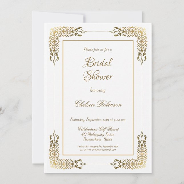 Invitación Elegante ducha de novia ornada dorada (Anverso)