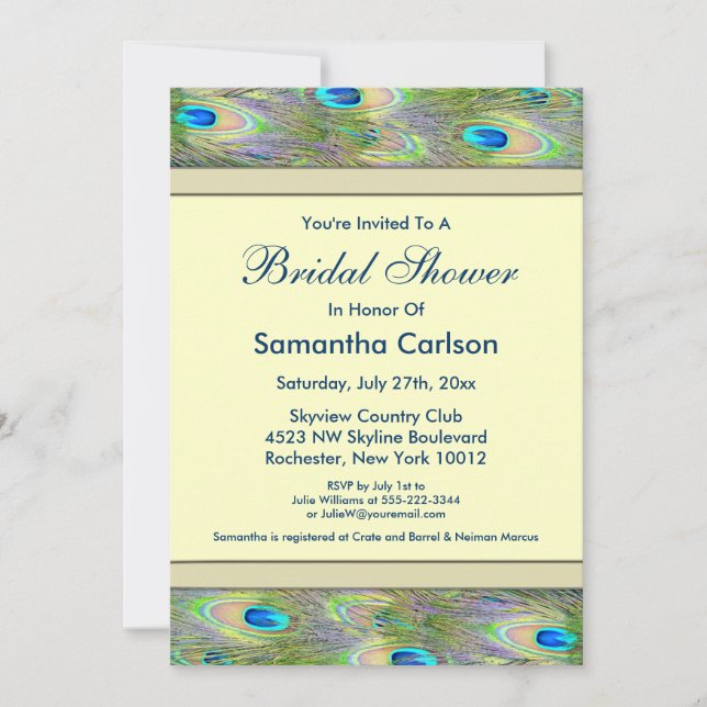 Invitación Elegante ducha de novia pavo real de oro (Anverso)