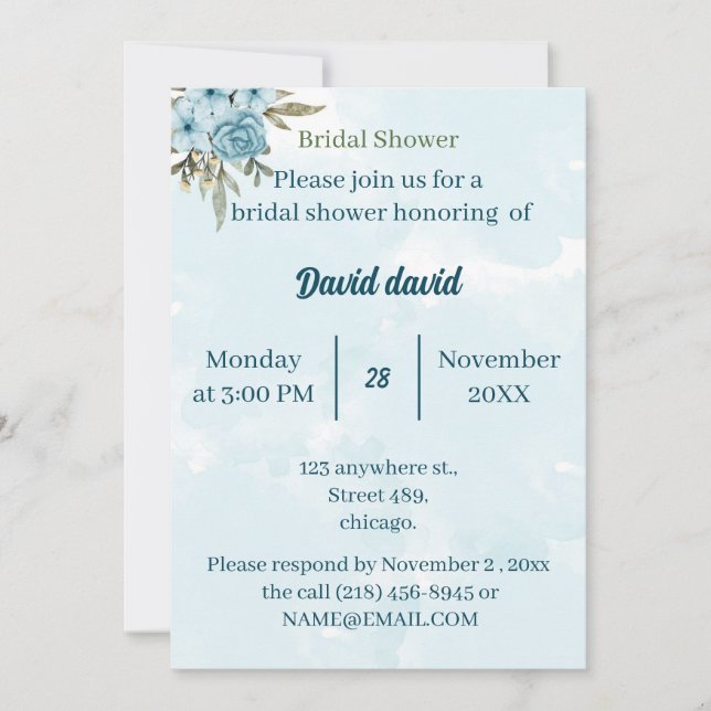 Invitación Elegante ducha de novia personalizada con flores a (Anverso)