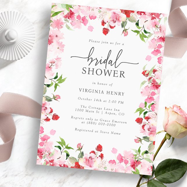 Invitación Elegante ducha de novia roja y rosa (Elegant Red and Pink Bridal Shower Invitation - Watercolor Red and Pink Floral)