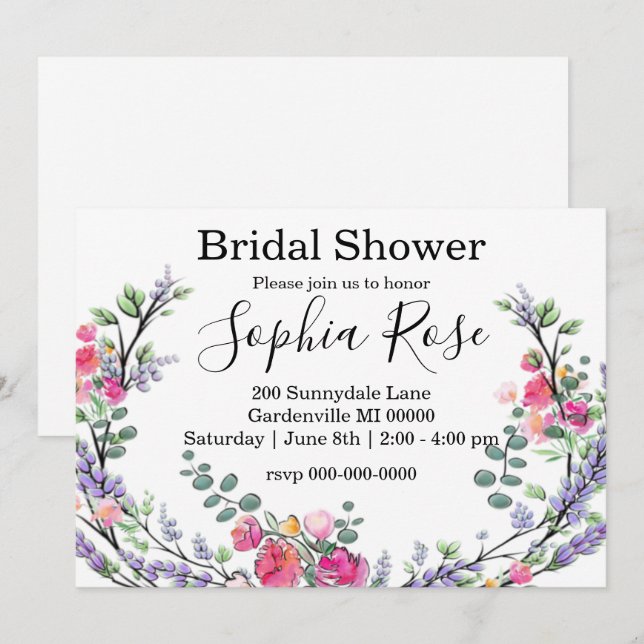 Invitación Elegante ducha de novia rosa de Lavanda (Anverso / Reverso)