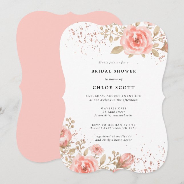 Invitación Elegante ducha de novia rosa rosa floral (Anverso / Reverso)