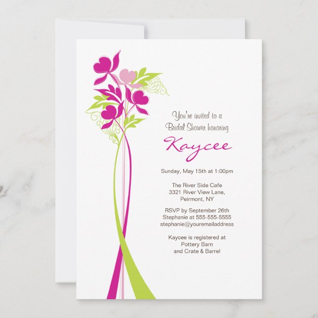 Invitación Elegante ducha de novia rosa y verde (Anverso)