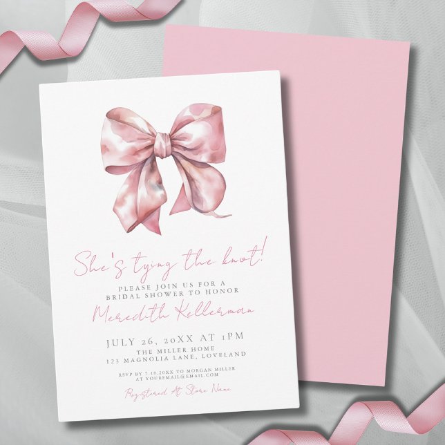 Invitación Elegante ducha de novia Rubor rosa Bow (Watercolor Blush Pink Bow Bridal Shower Invitation)