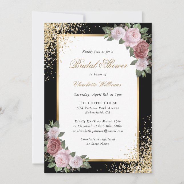 Invitación Elegante ducha de novia Rubor y Black Floral (Anverso)