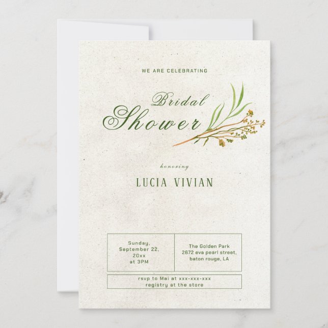 Invitación Elegante ducha de novia rusa crema verde rustica (Anverso)