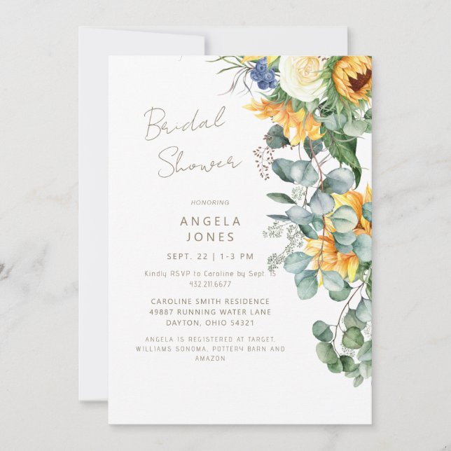 Invitación Elegante ducha de novia toscana con girasol (Anverso)